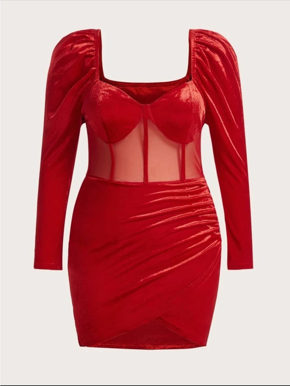 Red Velvet Mesh-Panel Long Sleeve Mini Dress - 0XL